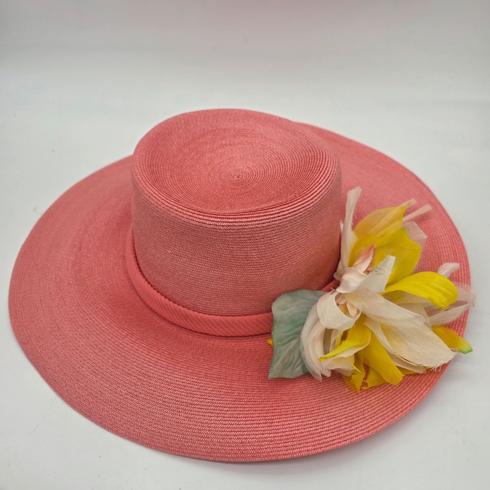 Peggy Barton Originals Hat Sun Hat Womens One Size Pink Straw Wide Brim Vintage